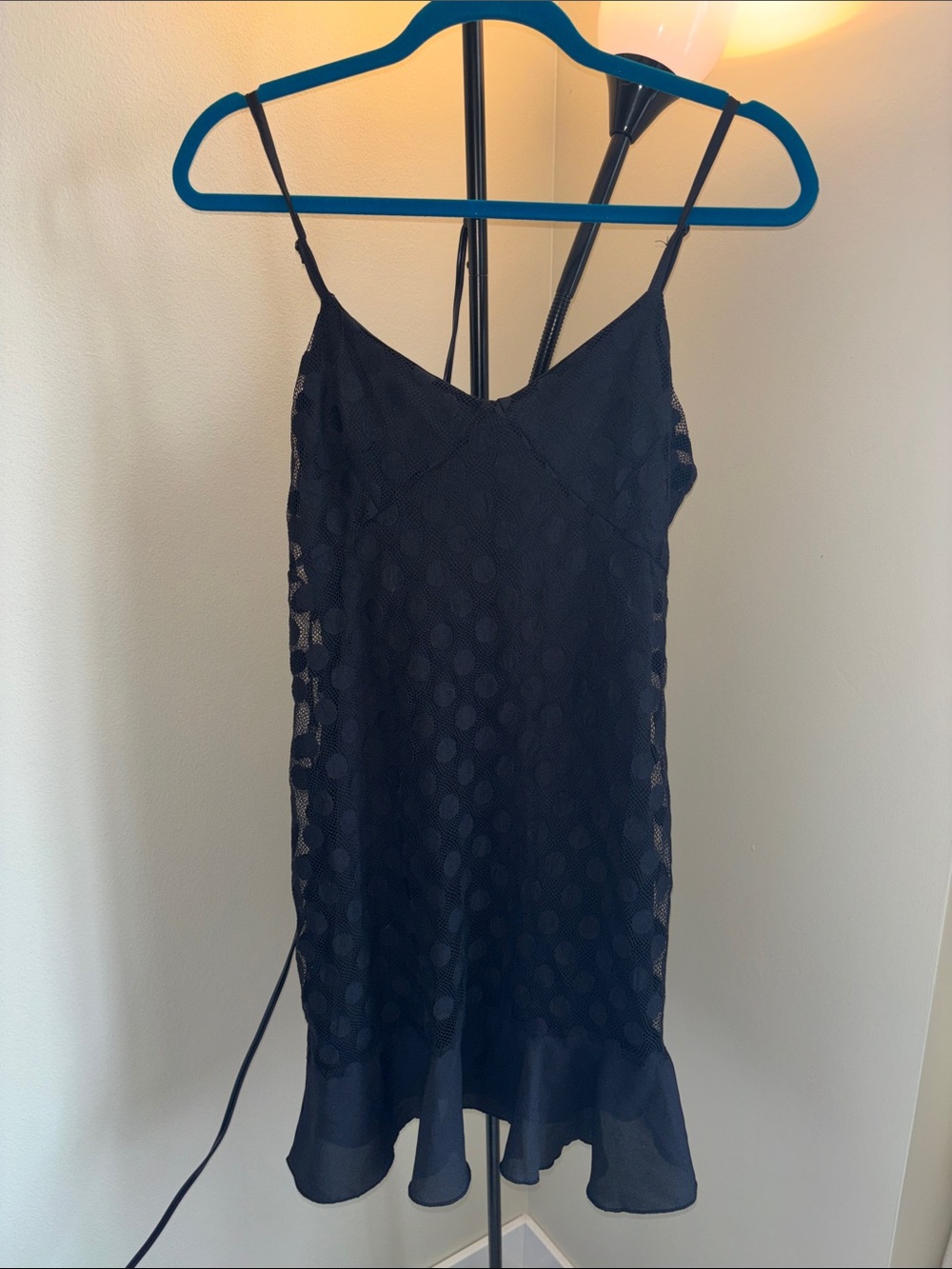 Women's Black Polka Dot Dress Lace Overlay Slip Dress